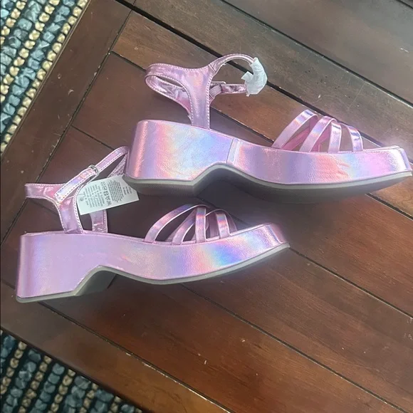 Iridescent Pink Platform Sandals with Ankle Strap - Picture 4 of 4